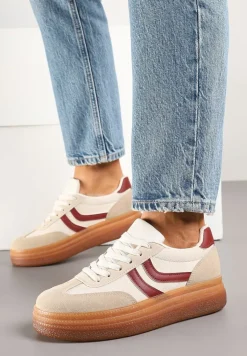 Beżowo-Bordowe Sneakersy Typu Kultowe Tenisówki na Niskiej Platformie Olritia