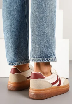 Beżowo-Bordowe Sneakersy Typu Kultowe Tenisówki na Niskiej Platformie Olritia