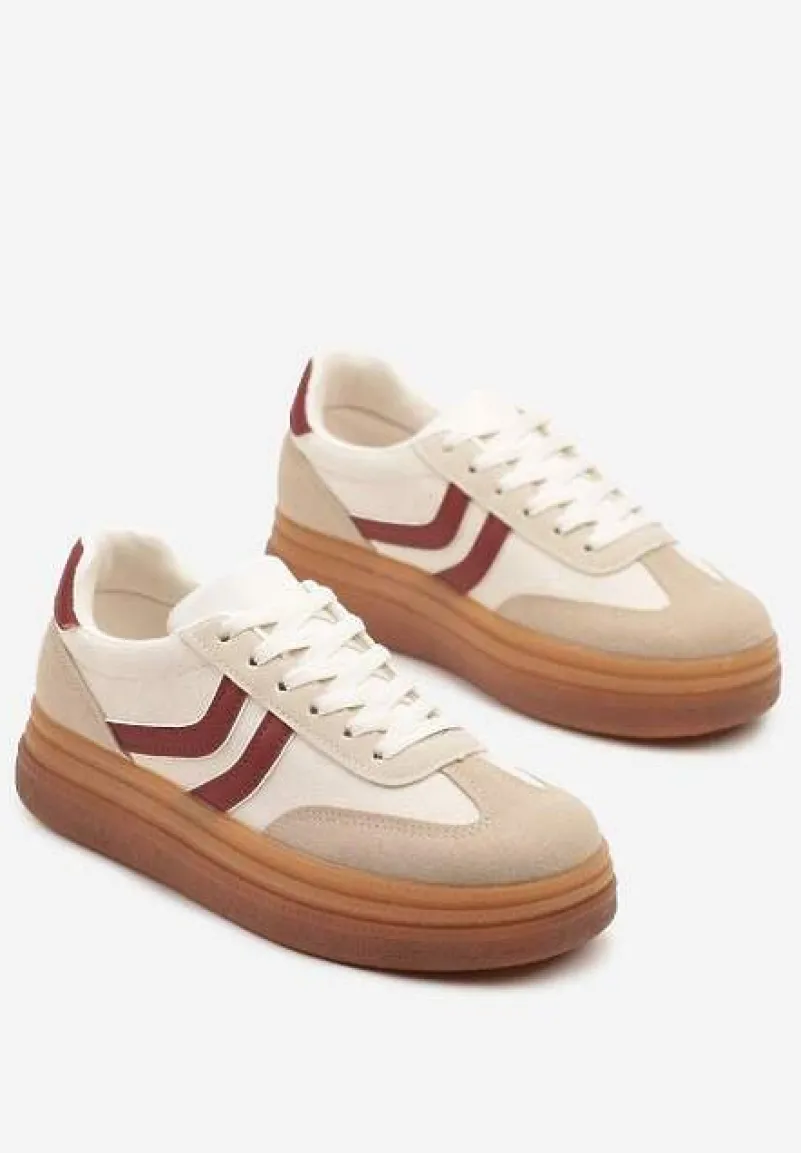 Beżowo-Bordowe Sneakersy Typu Kultowe Tenisówki na Niskiej Platformie Olritia