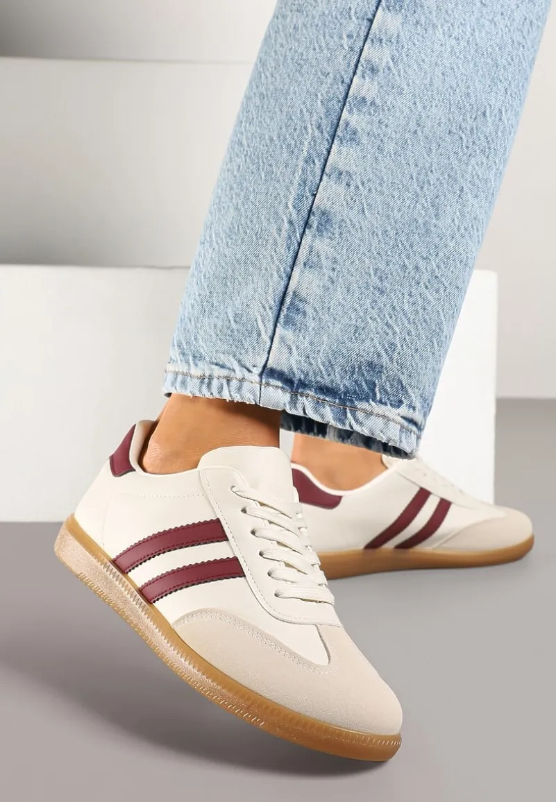 Beżowo-Bordowe Sneakersy Typu Kultowe Tenisówki Zdobione Przeszyciami Remiana