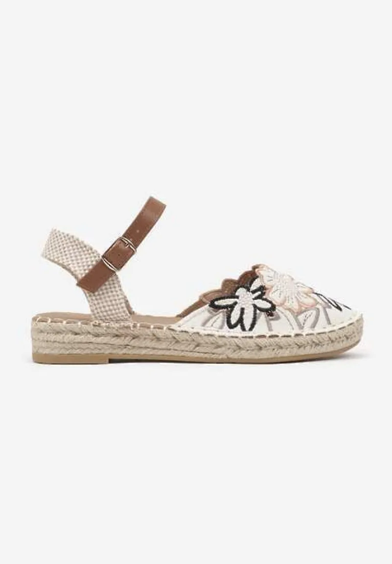 Beżowo-Brązowe Sandały w Stylu Espadryli z Plecionką i Haftem Lealisse