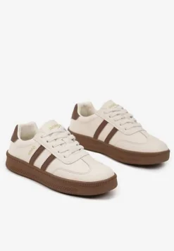 Beżowo-Brązowe Sneakersy Sportowe z Ozdobnymi Paskami i Przeszyciami Wenilan