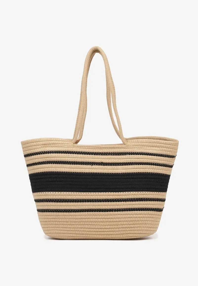 Beżowo-Czarna Pleciona Bawełniana Torebka Shopper w Paski Fenneria