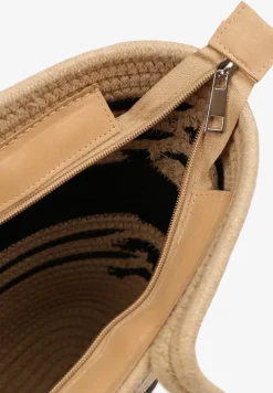 Beżowo-Czarna Pleciona Bawełniana Torebka Shopper w Paski Fenneria