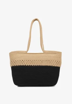 Beżowo-Czarna Pleciona Torebka Shopper z Bawełny Ozdobiona Paskami Izurella