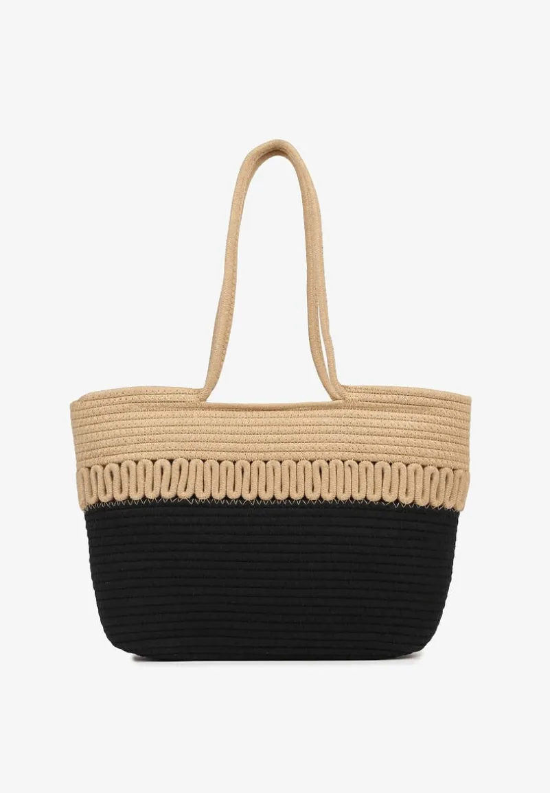 Beżowo-Czarna Pleciona Torebka Shopper z Bawełny Ozdobiona Paskami Izurella