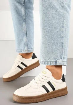 Beżowo-Czarne Sneakersy Sportowe z Ozdobnymi Paskami i Przeszyciami Wenilan