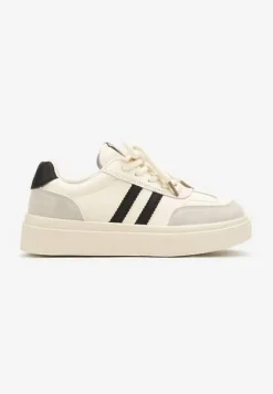 Beżowo-Czarne Sznurowane Sneakersy na Platformie Ozdobione Paskami Tialise