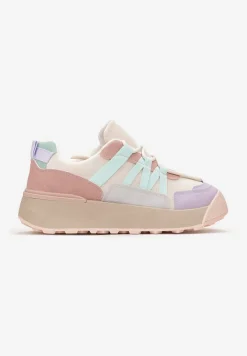 Beżowo-Fioletowe Sznurowane Płaskie Sneakersy z Kolorowymi Wstawkami z Ekoskóry Wonise
