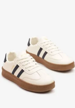 Beżowo-Granatowe Sneakersy Sportowe z Ozdobnymi Paskami i Przeszyciami Wenilan