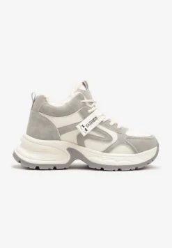 Beżowo-Szare Sznurowane Sneakersy na Platformie Ozdobione Napisem i Futerkiem Siorra