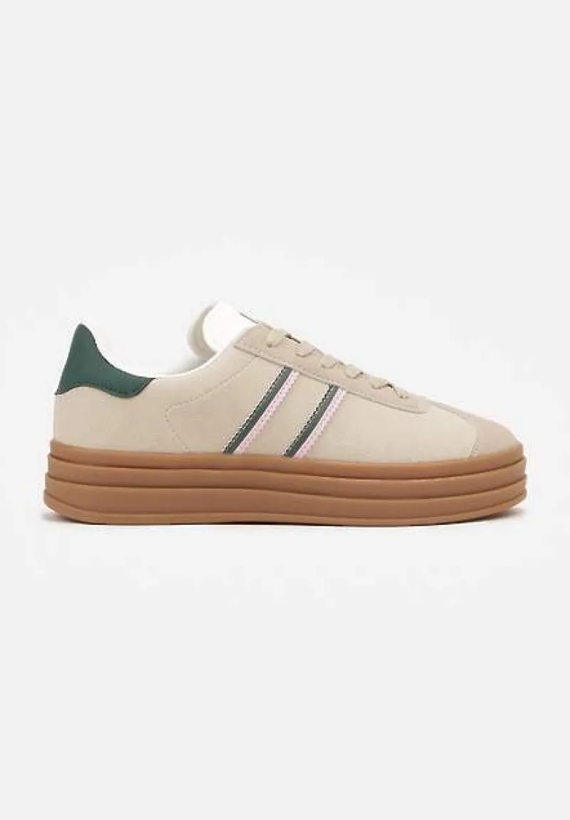 Beżowo-Zielone Klasyczne Sneakersy na Niewysokiej Platformie Terilee