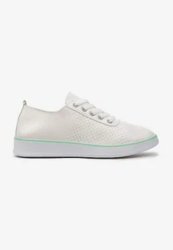 Beżowo-Zielone Sznurowane Tenisówki z Ozdobną Taśmą na Tyle i Perforacją Kavinna