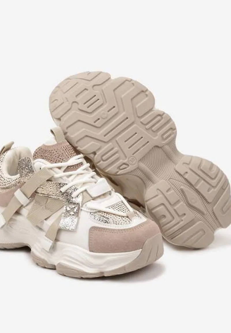 Beżowo-Złote Streetwearowe Sneakersy z Cyrkoniami na Tłoczonej Podeszwie Avelivia