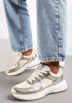 Beżowo-Złote Sznurowane Sneakersy Ozdobione Metaliczną Wstawką Kizria