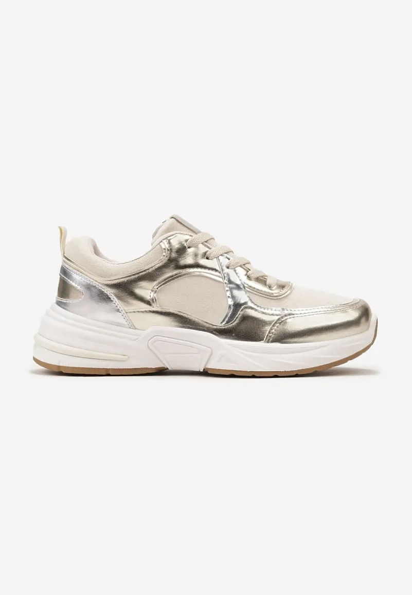 Beżowo-Złote Sznurowane Sneakersy Ozdobione Metaliczną Wstawką Kizria