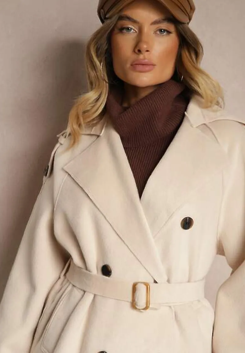 Beżowy Dwurzędowy Płaszcz Trencz o Eleganckim Kroju z Paskiem Edioneta