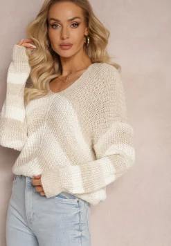 Beżowy Dzianinowy Sweter w Paski Hlenora
