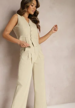 Beżowy Garniturowy Komplet Kamizelka i Proste Spodnie High Waist Nithriella