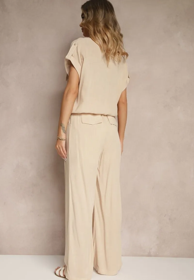 Beżowy Komplet z Wiskozy Spodnie i Koszula Ozdobiona Kieszeniami Rinalienna