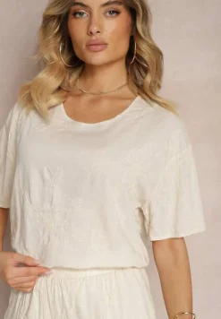 Beżowy Komplet z Wyszywanymi Kwiatami Luźny T-shirt i Proste Spodnie Namselin