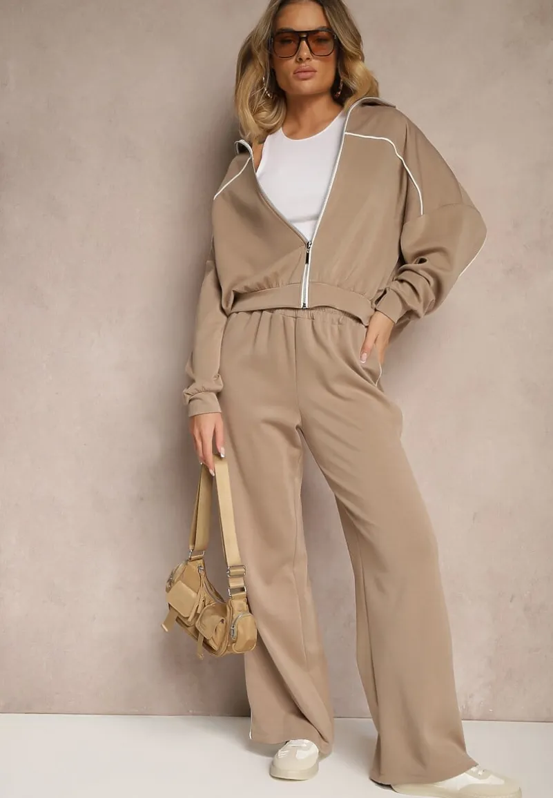 Beżowy Retro Komplet Dresowy z Wiskozą Bluza i Spodnie o Szerokim Kroju Selriza