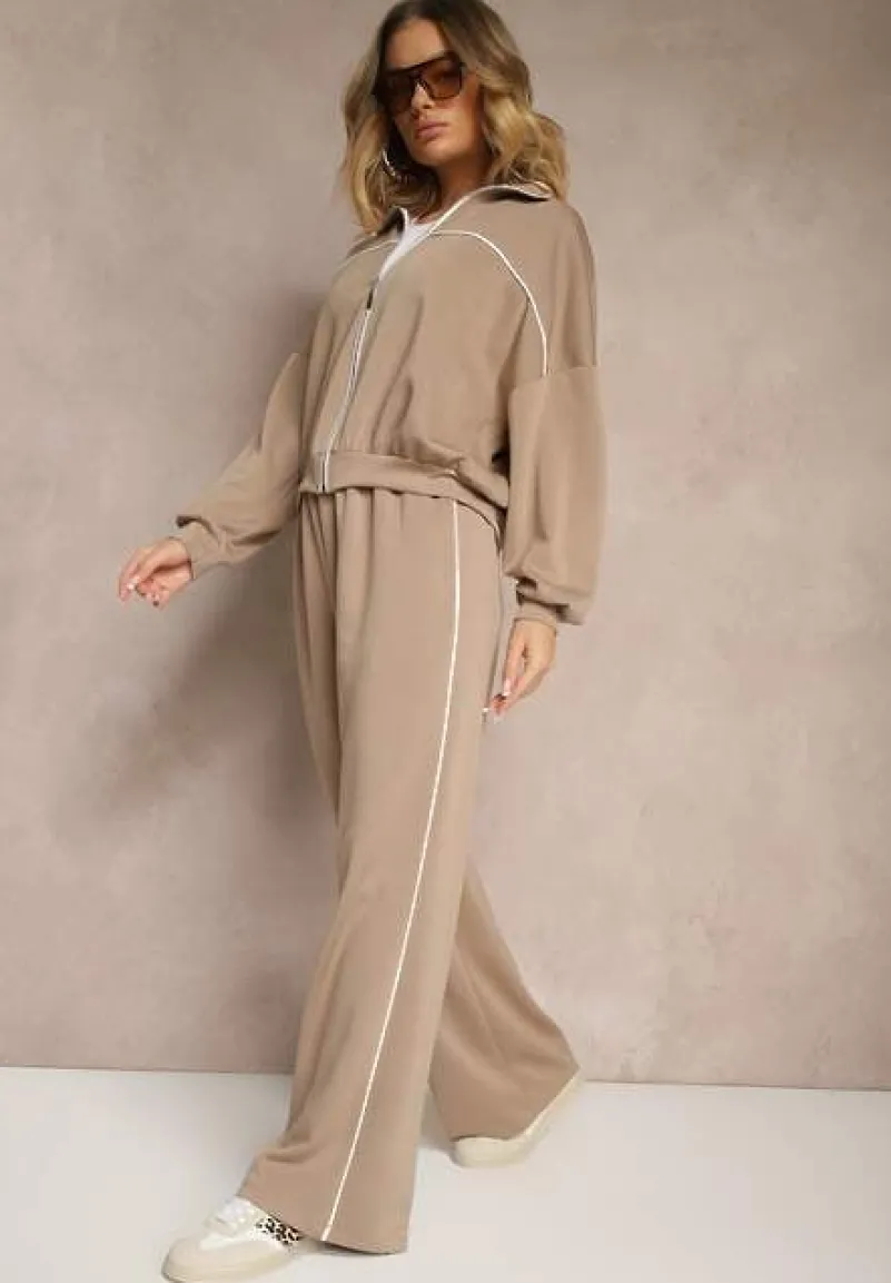 Beżowy Retro Komplet Dresowy z Wiskozą Bluza i Spodnie o Szerokim Kroju Selriza