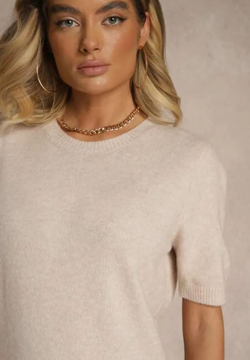 Beżowy Sweter z Wełną Krótkim Rękawem Ozdobiony Ściągaczami Emiralin