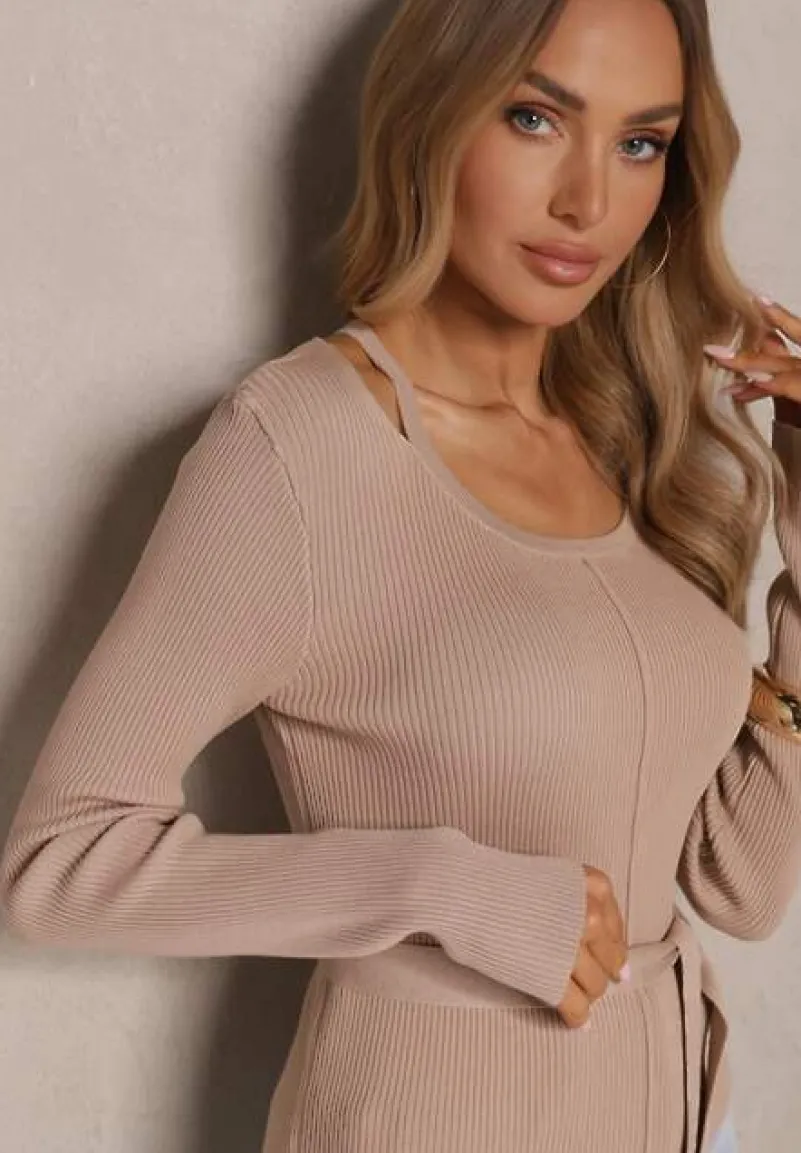 Beżowy Wiskozowy Sweter Wiązany w Talii z Asymetrycznym Dekoltem Kornelita