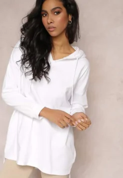 Biała Asymetryczna Bluza z Kapturem Oversize Kavita