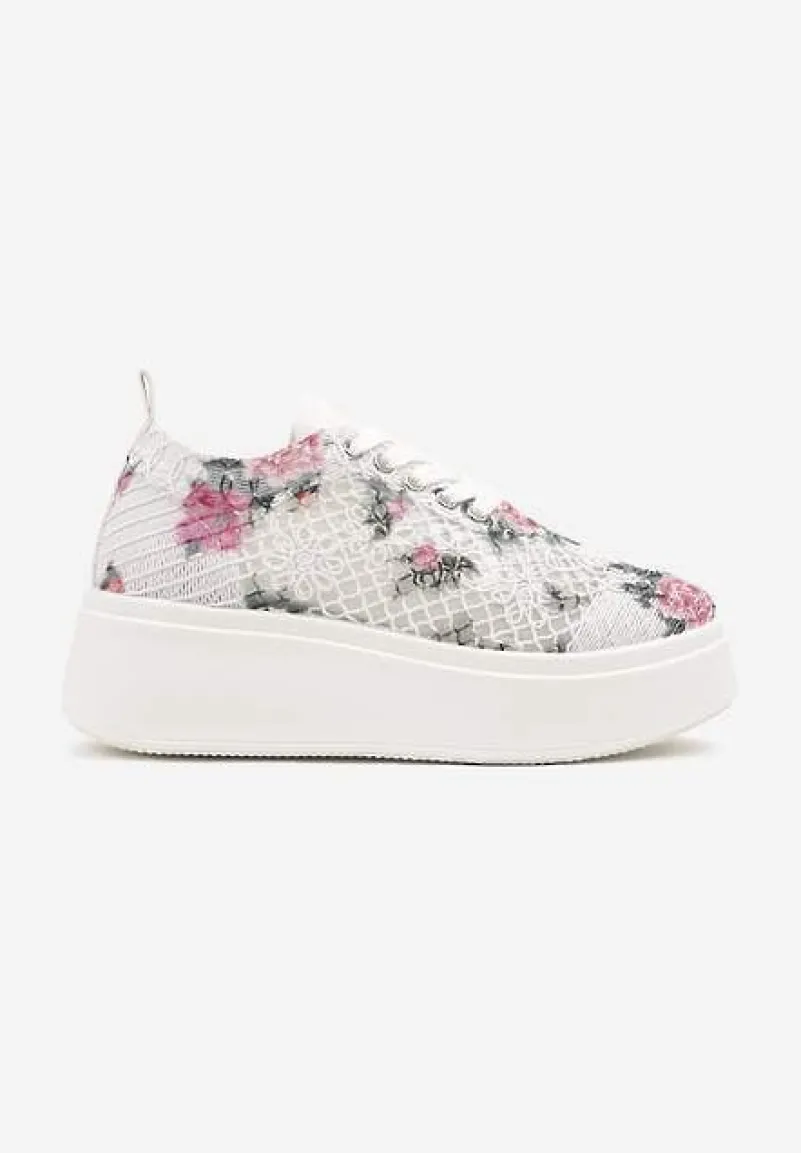 Białe Ażurowe Sneakersy Vices na Platformie w Kwiaty Halvisa