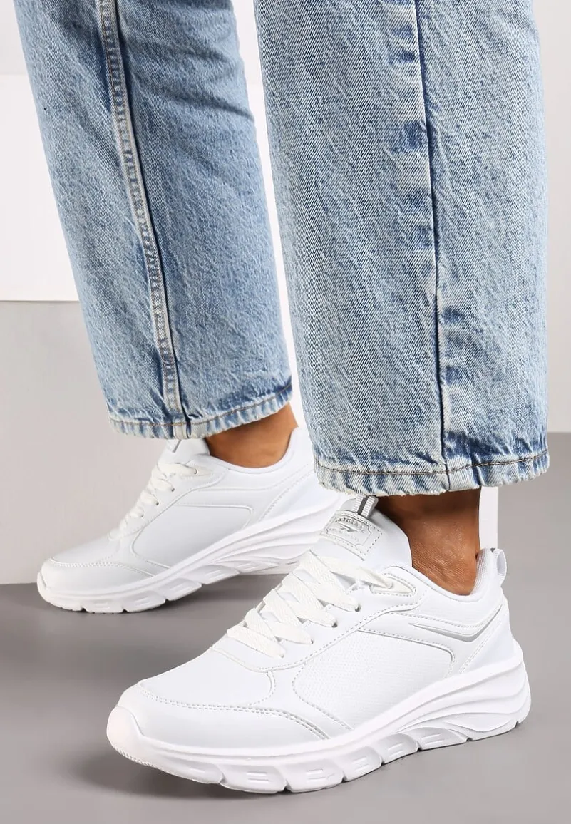 Białe Casualowe Buty Sportowe Sneakersy na Płaskiej Tłoczonej Podeszwie Velanitta
