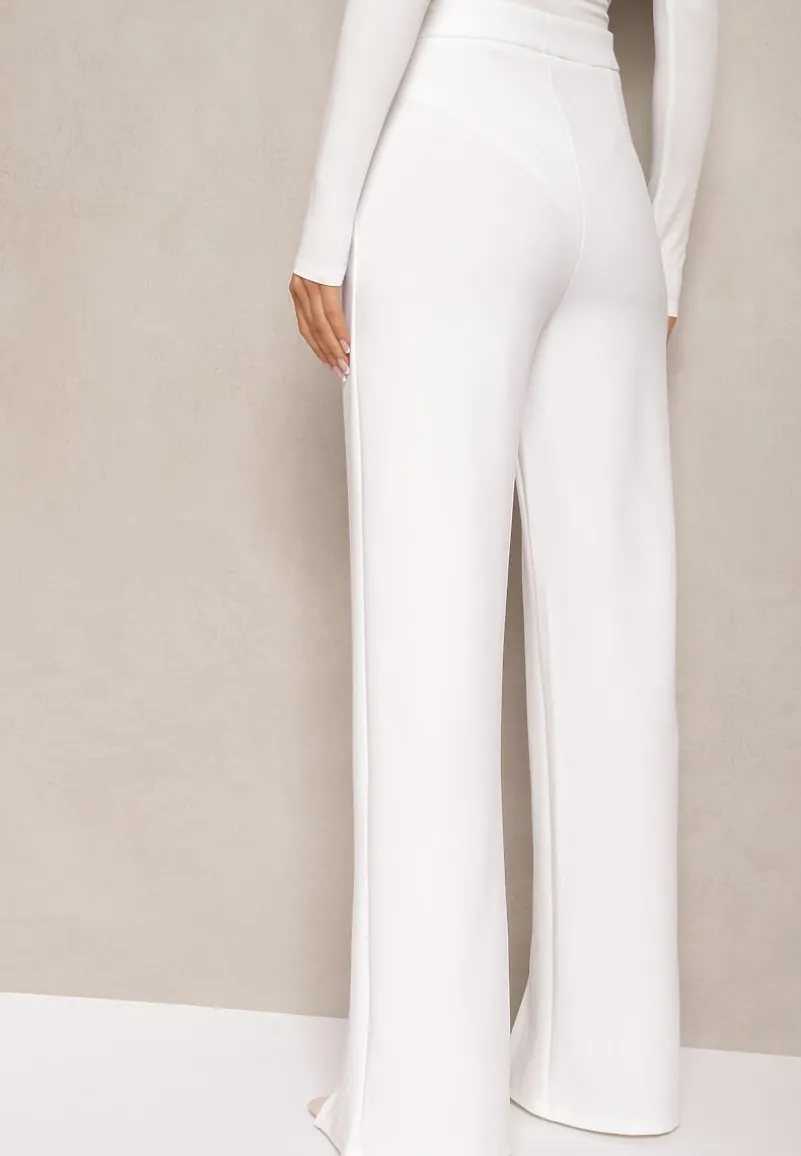 Białe Eleganckie Spodnie High Waist o Szerokim Kroju z Wiskozą i Rozcięciami Yurlea