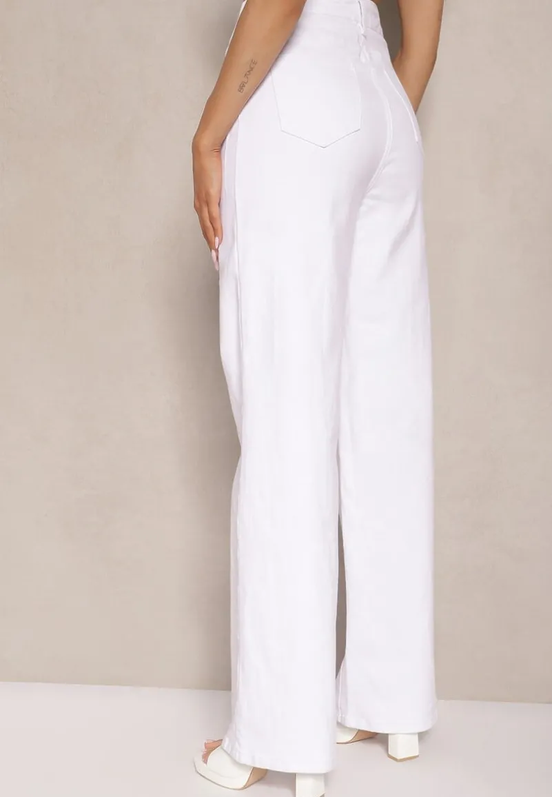 Białe Jeansy High Waist o Szerokim Kroju Sallizia