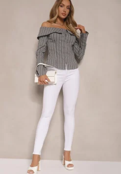 Białe Jeansy Skinny z Bawełną High Waist Ozdobione Guzikami Callirna