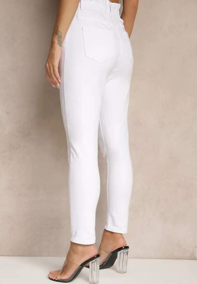 Białe Jeansy z Bawełny Mom Fit High Waist Folima