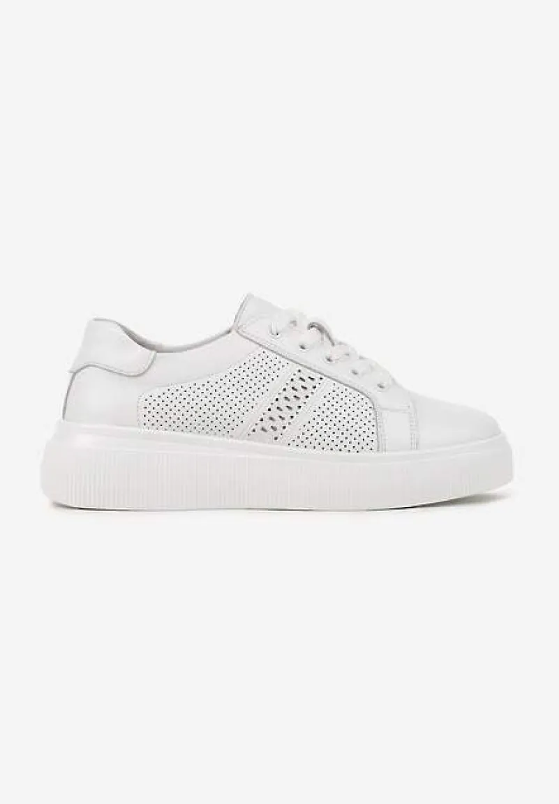 Białe Płaskie Ażurowe Sneakersy ze Skóry Naturalnej i Skórzaną Wkładką Lavili