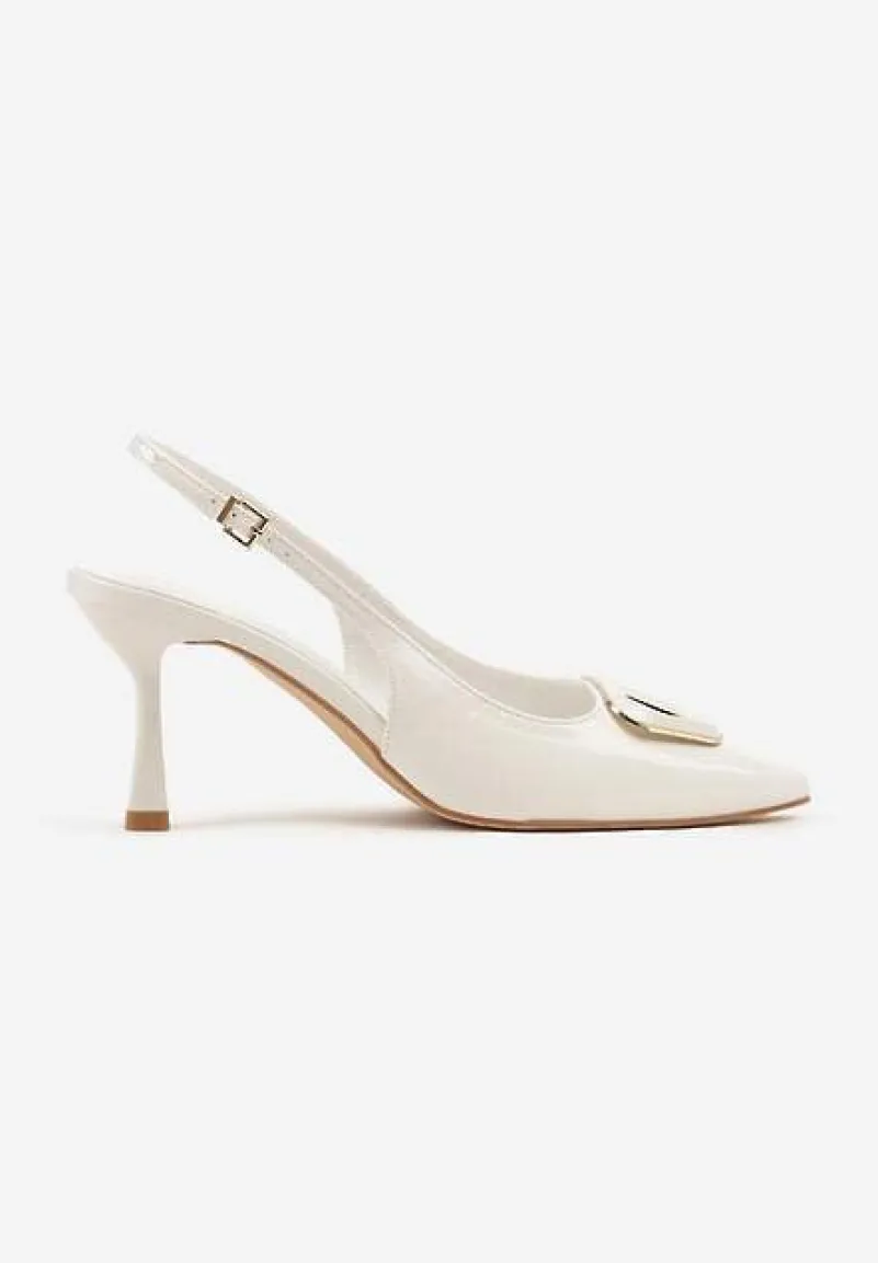 Białe Sandały na Szpilce Vices Slingback Lakierowane z Ozdobą Ataloria