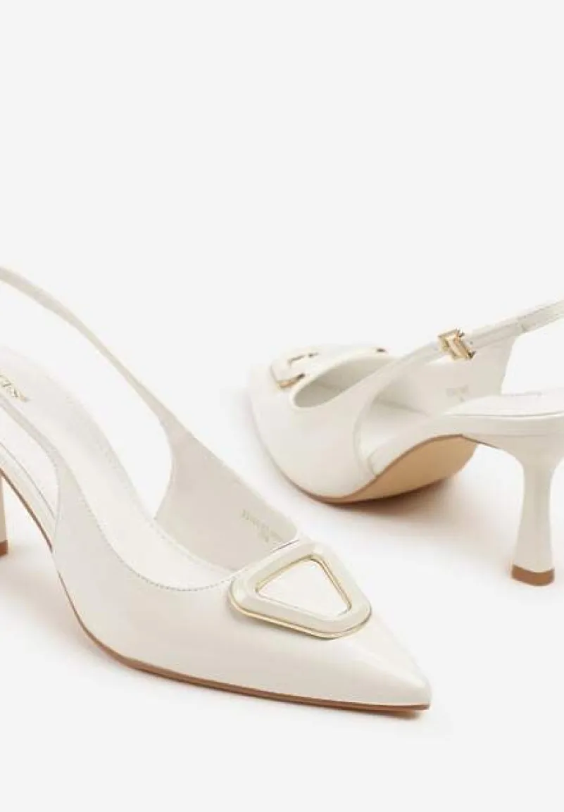 Białe Sandały na Szpilce Vices Slingback Lakierowane z Ozdobą Ataloria