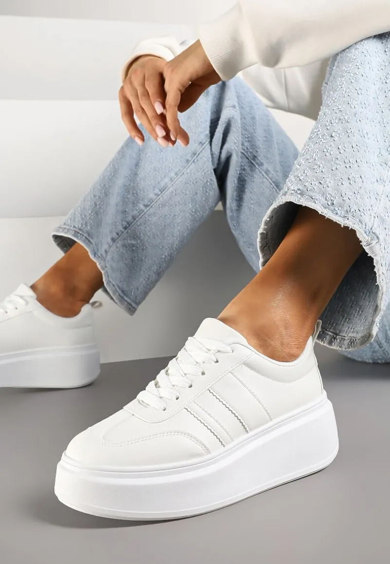 Białe Sneakersy Klasyczne Tenisówki na Grubej Podeszwie z Koturnem Adessia