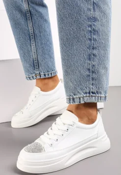 Białe Sneakersy na Grubej Podeszwie z Noskiem w Cyrkonie Seelma