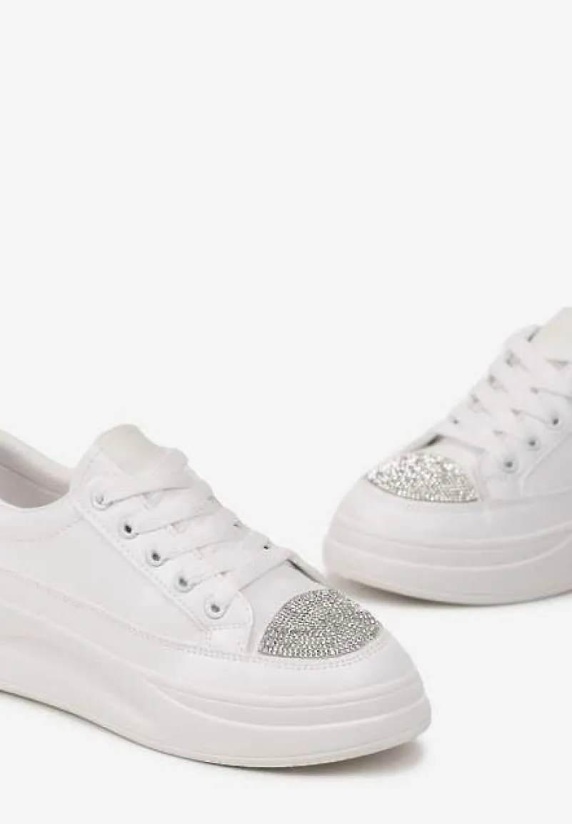 Białe Sneakersy na Grubej Podeszwie z Noskiem w Cyrkonie Seelma