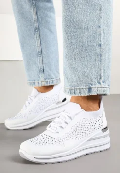 Białe Sneakersy na Koturnie Ozdobione Metaliczną Aplikacją i Cyrkoniami Fasilna
