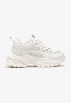 Białe Sneakersy na Masywnej Podeszwie z Siateczkowym Wstawkami i Ozdobnymi Sznurówkami Ollavia