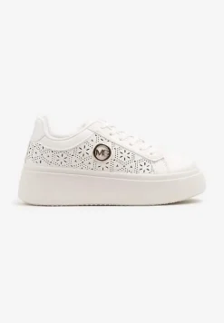 Białe Sneakersy na Platformie z Ażurowym Zdobieniem i Aplikacją Dalirnna