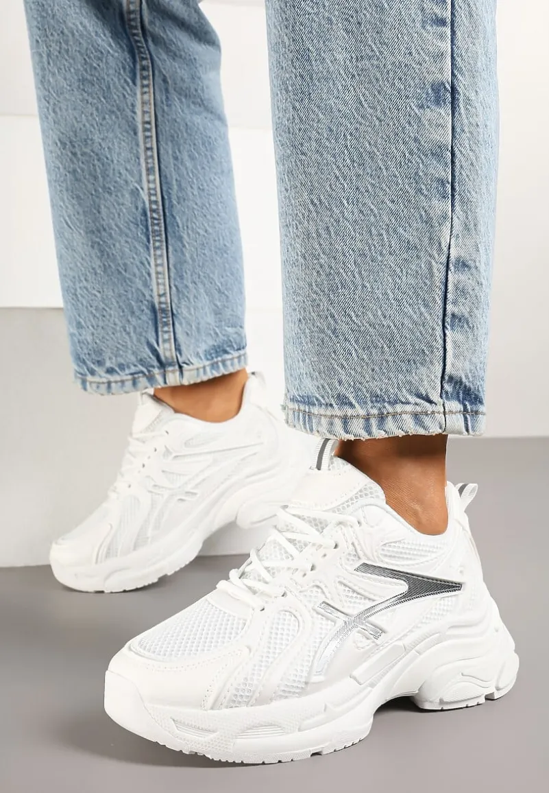 Białe Sneakersy na Platformie z Geometrycznym Wzorem Farissa