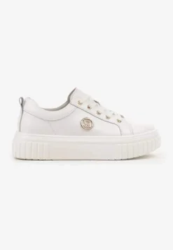 Białe Sneakersy na Platformie ze Skóry Naturalnej z Metaliczną Ozdobą Dolennea