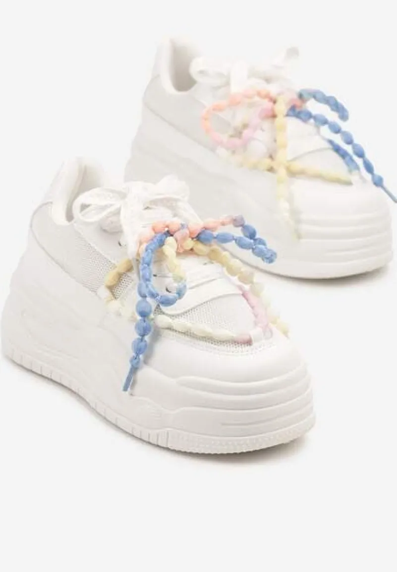 Białe Sneakersy na Platformie z Koralikami Amovanna