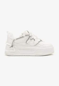 Białe Sneakersy na Platformie z Paskiem z Cyrkonii Aneolin