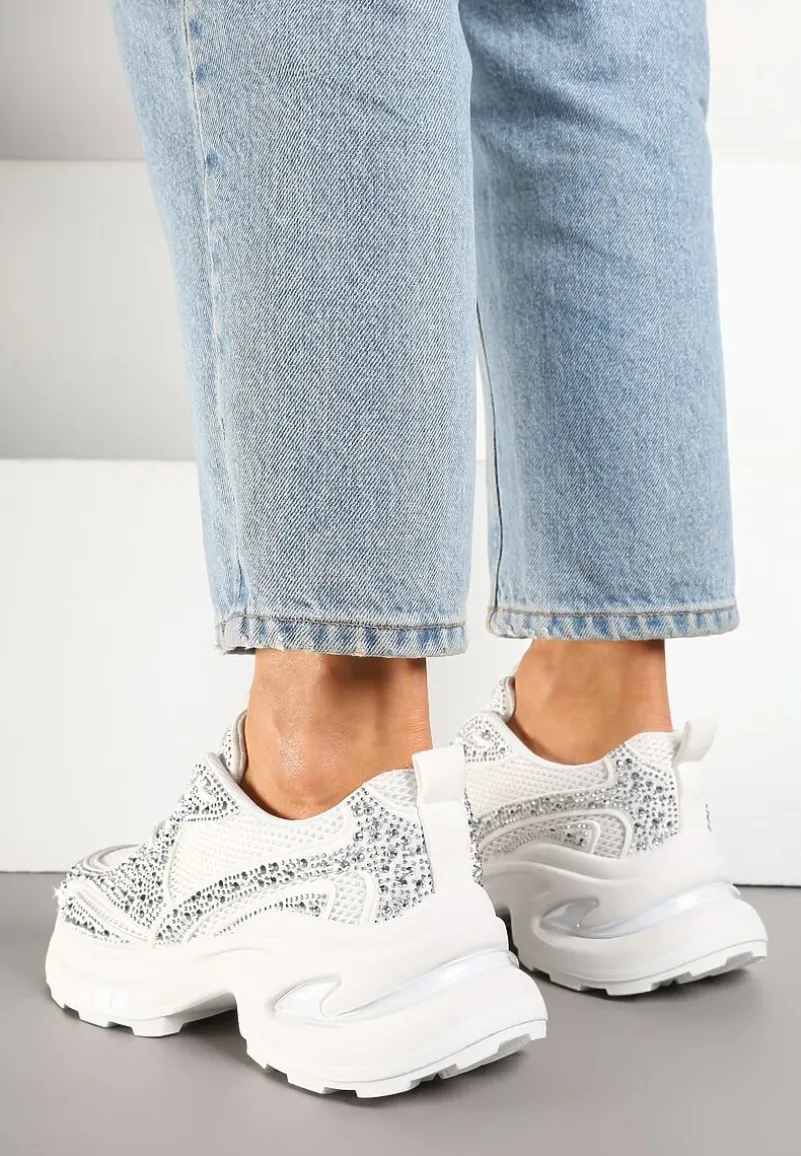 Białe Sneakersy na Platformie Ozdobione Cyrkoniami Luria